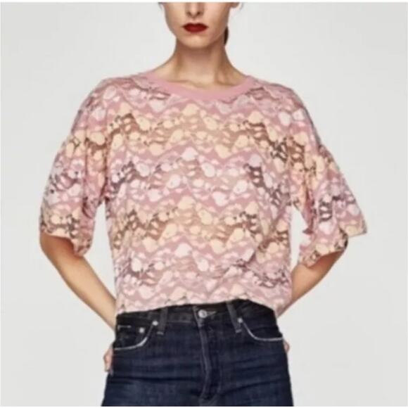 Zara Pink Lace Semi Sheer Bell Sleeve Crop Top - Size 8 - Picture 1 of 8